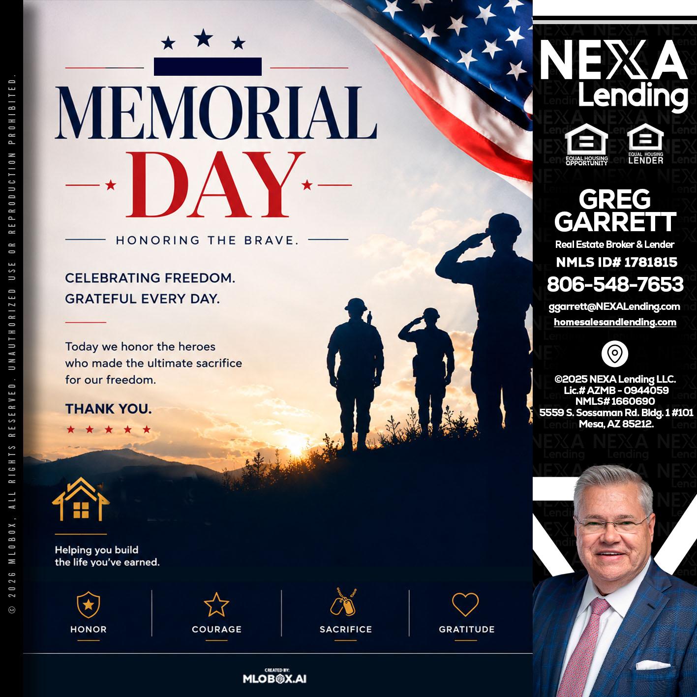 MEMORIAL DAY - Greg Garrett -Real Estate Broker & Lender